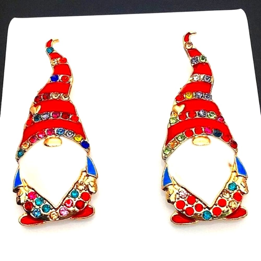 Womens No Label Christmas Holiday Rhinestone Gnome Earrings